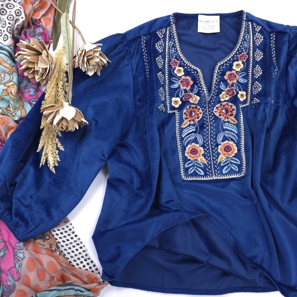 New Bohera Embroidered Blue Blouse Sz L - Picture 2 of 9